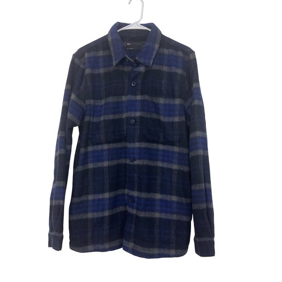 ASOS Design Mens Navy & Gray Plaid Button-Up Flannel Shirt Jackets Size Small - Picture 1 of 10